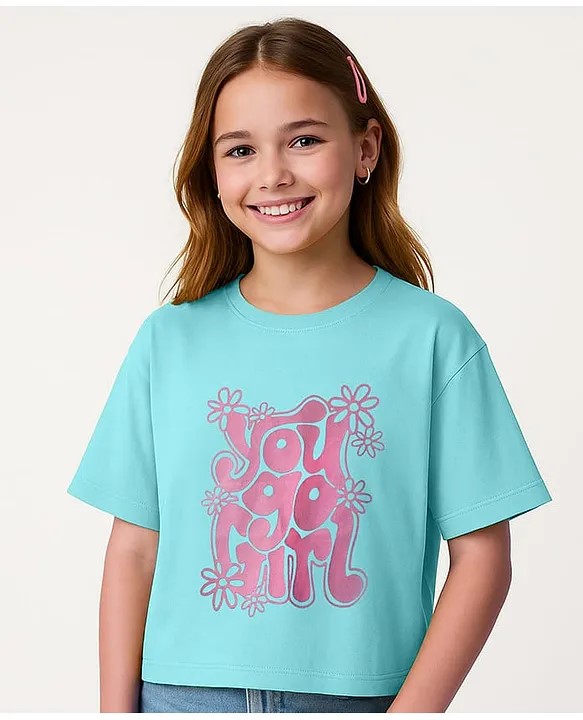 Pine Kids Cotton Knit Half Sleeves Drop Shoulder T-Shirt with You Go Girl Text Print - Light Blue